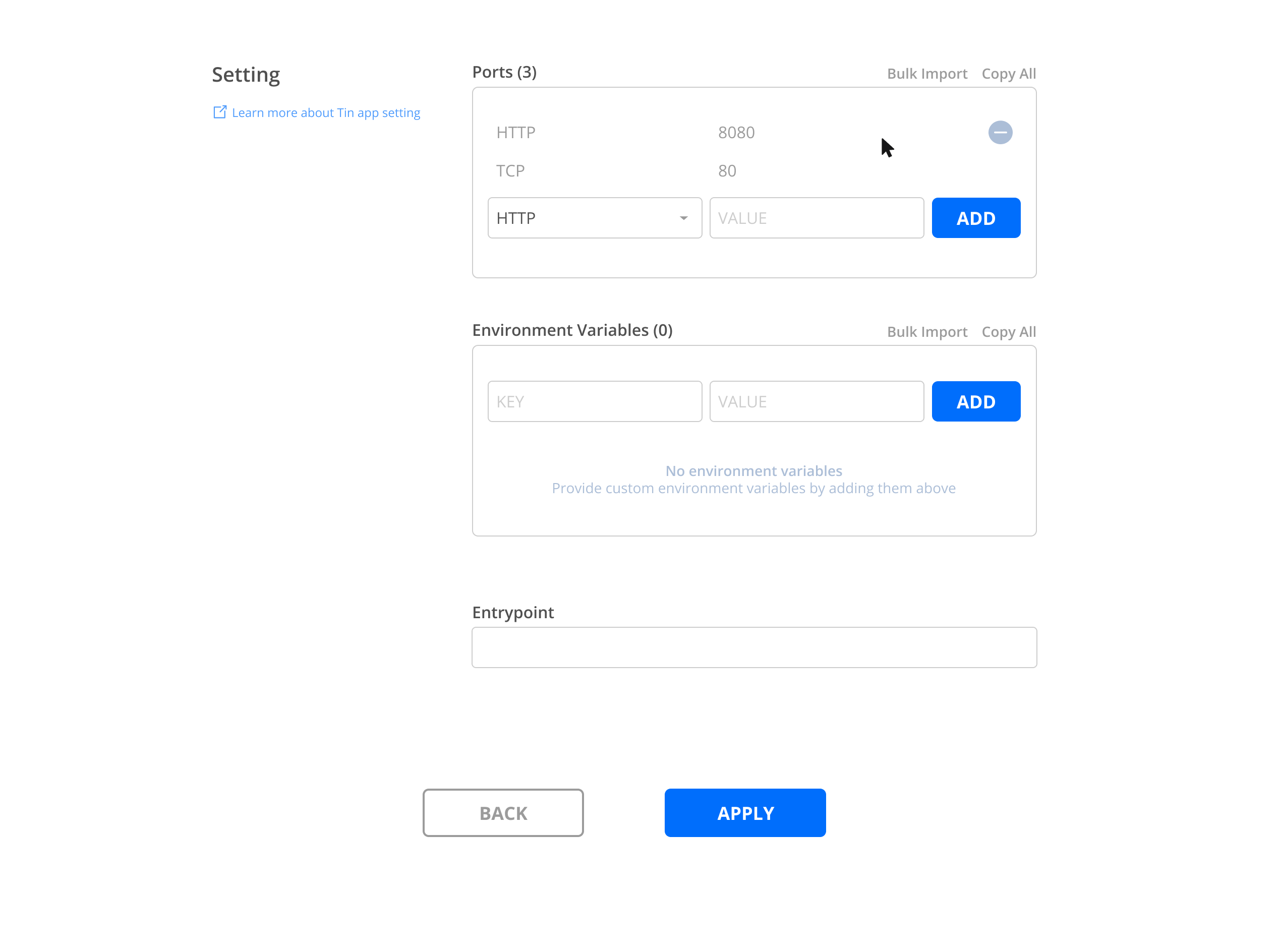 Configuring a Tin Application