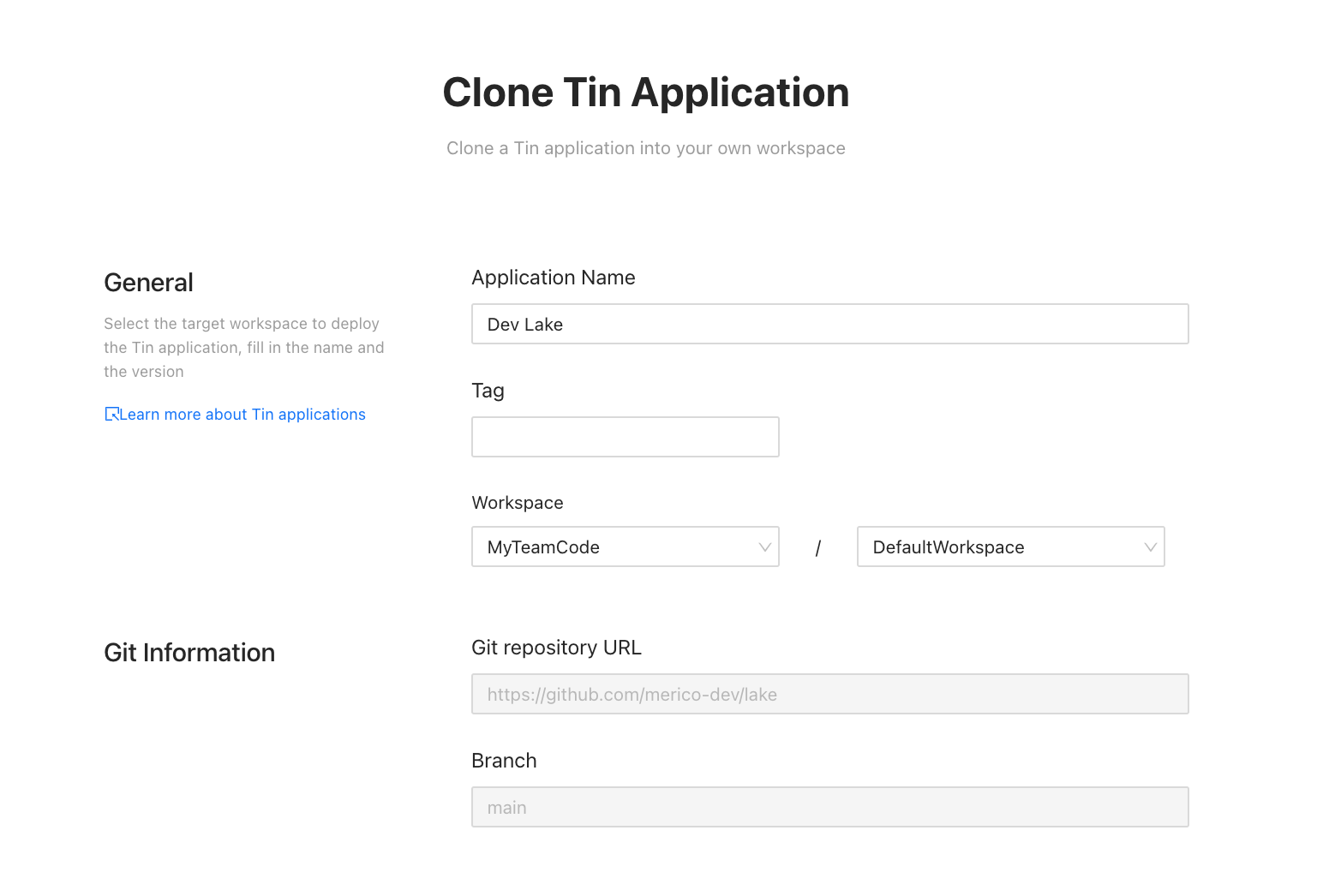 Clone Tin app of dev lake project